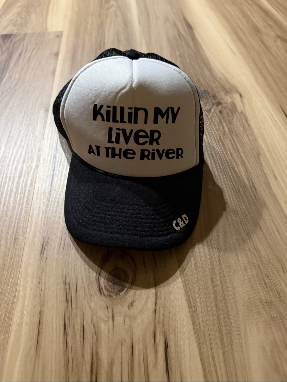 Unbranded Black & White 'Killin My Liver At The River' Trucker Hat